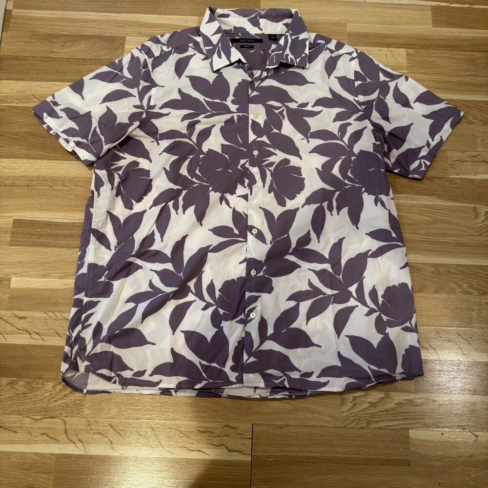 Perry Ellis Casual Button-Up Men's 2X B&T Purple/White Floral Leaf Stretch Shirt